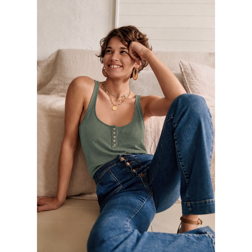 Sezane Green Kira Ribbed Tank Top Organic Cotton Lyocell Henley Size M